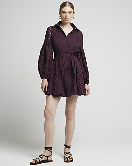 Red broderie belted mini shirt dress