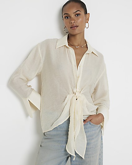 Cream twist front button up shirt