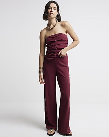 Red Textured Wide Leg Trousers