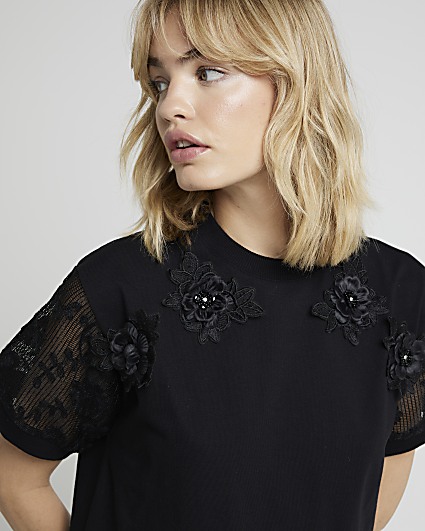 Black flower lace sleeve t-shirt mini dress