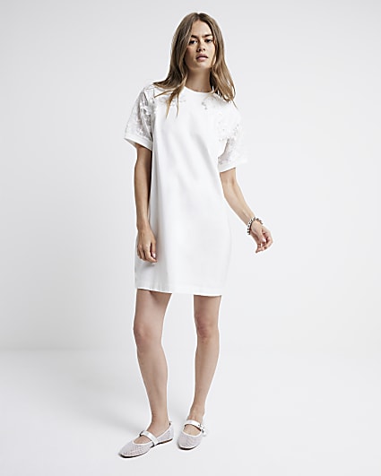 White flower lace sleeve t-shirt mini dress