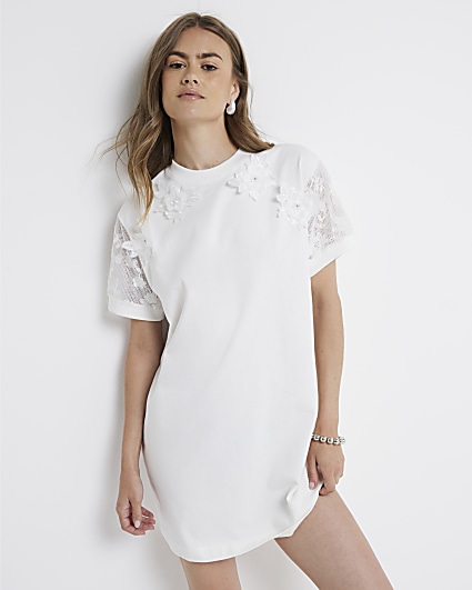 White flower lace sleeve t-shirt mini dress