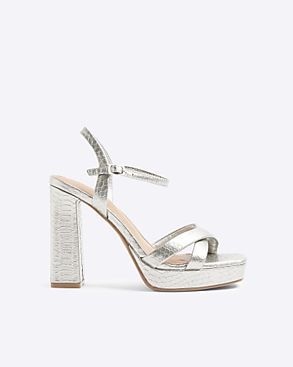 Silver croc embossed platform heeled sandals