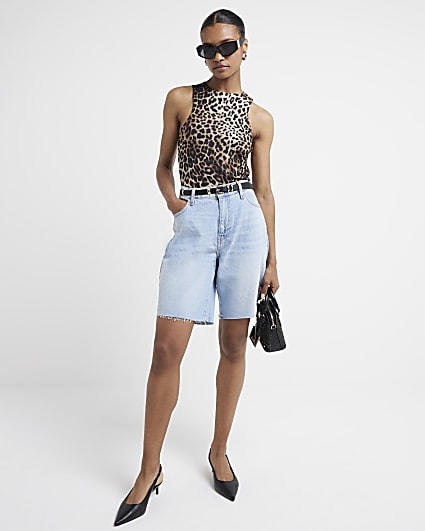 Brown mesh leopard print tank top