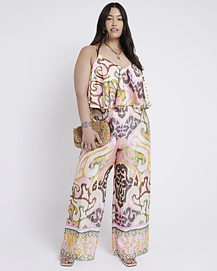Plus Pink Satin Abstract Layered Jumpsuit