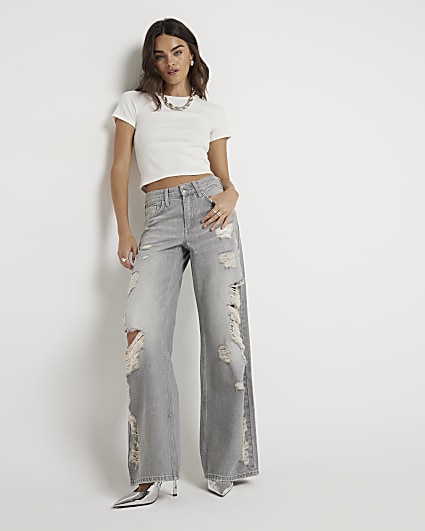 Grey low rise wide baggy ripped jeans