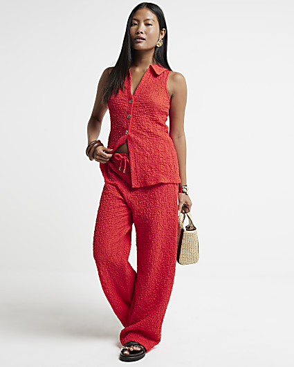 Petite Red Textured Wide Leg Trousers