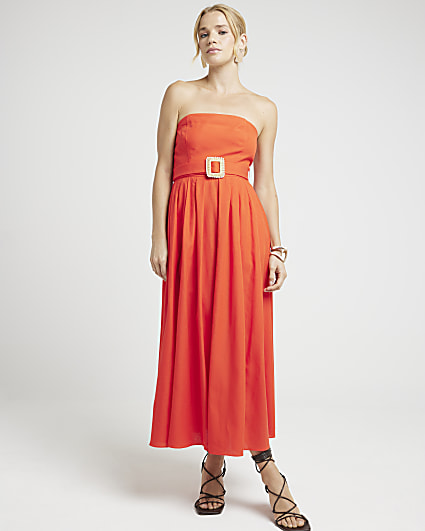 Red belted bandeau prom midi dress