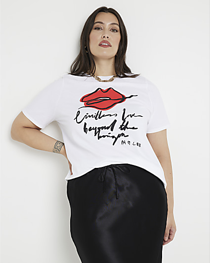 Plus White Lips Print T-Shirt