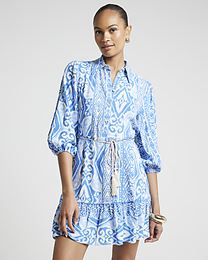 Blue geometric print belted mini shirt dress