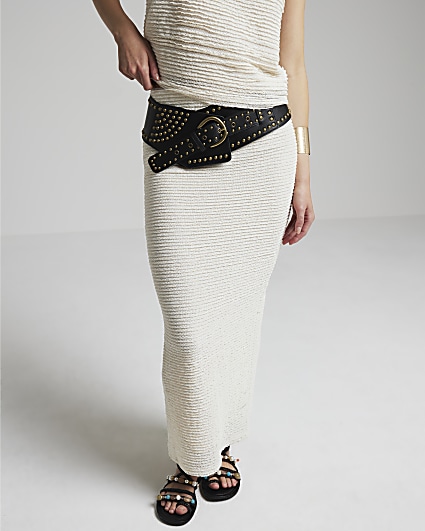 Cream Ruffled Textured Midi Skirt