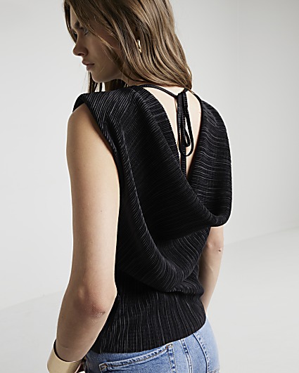 Black plisse cowl back vest top