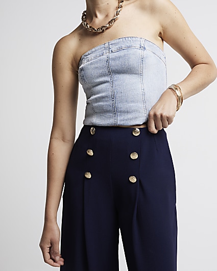 Navy button front trousers