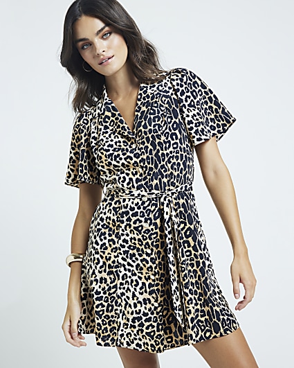 Brown leopard print belted mini shirt dress