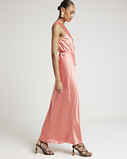 Coral Belted Slip Maxi Dress