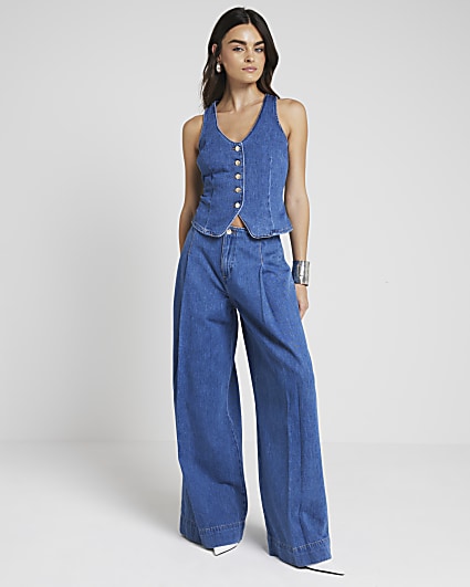 Blue mid rise pleated wide leg jeans