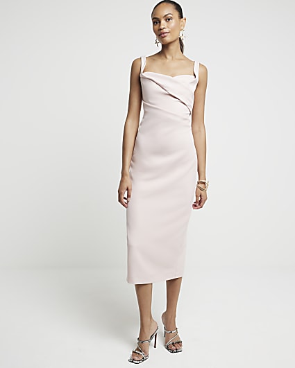 Pink Ruched Open Back Bodycon Midi Dress