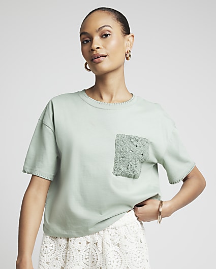 Khaki crochet pocket t-shirt