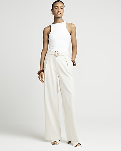 Cream Belted Wide Leg Trousers