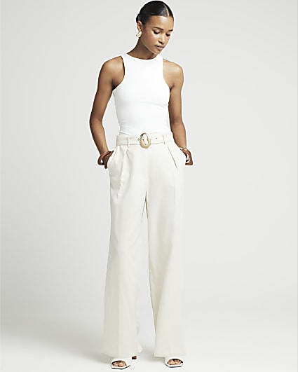 Cream Belted Wide Leg Trousers