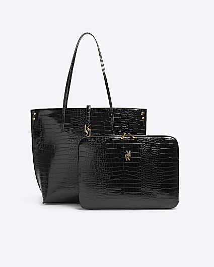 Black croc embossed shopper and laptop case