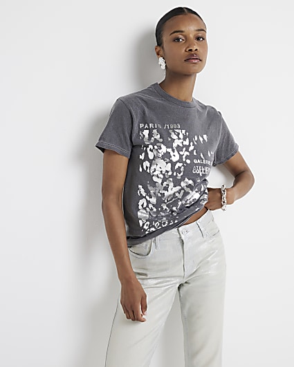 Grey boyfriend fit graphic print t-shirt