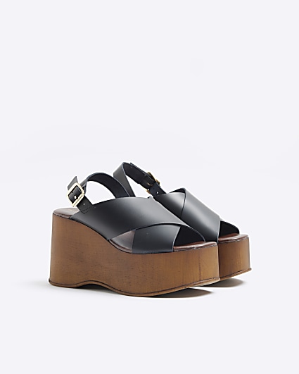 Black leather cross strap wedge sandals