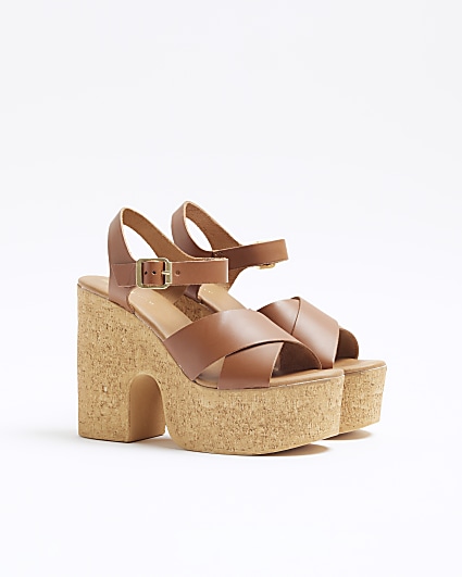 Brown leather platform heeled sandals