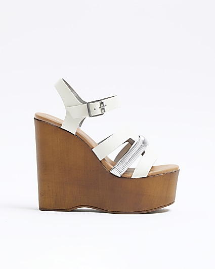 White leather strappy wedge sandals