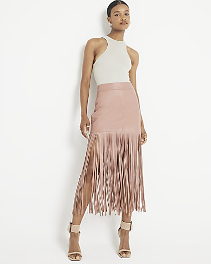 Pink Leather Fringe Mini Skirt