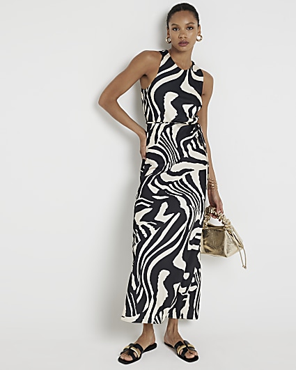 Black zebra print belted slip maxi dress