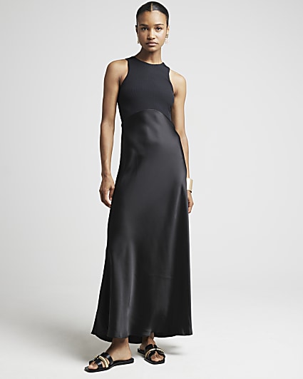 Black satin hybrid slip maxi dress