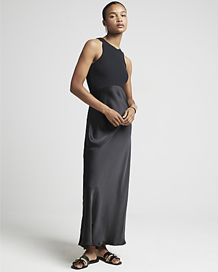 Black satin hybrid slip maxi dress