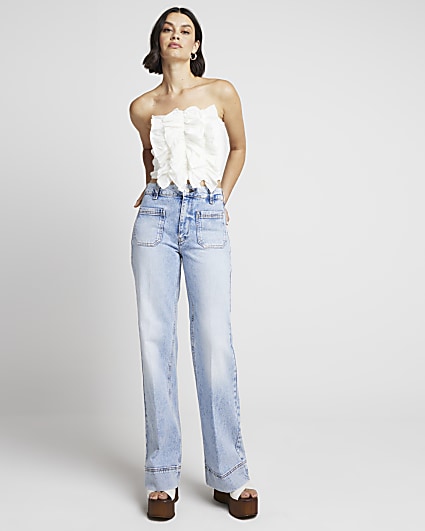 Blue front pocket wide leg jeans