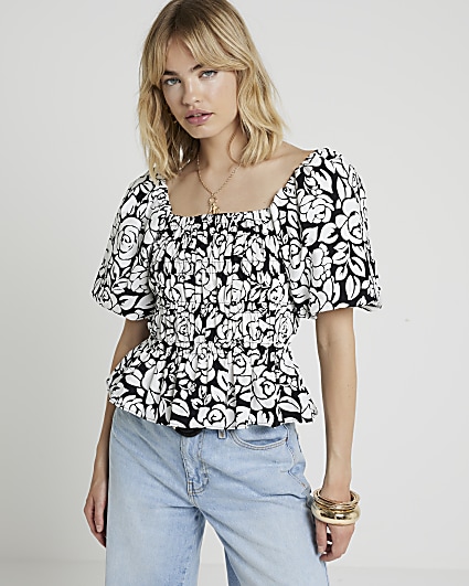 Black shirred floral puff sleeve blouse
