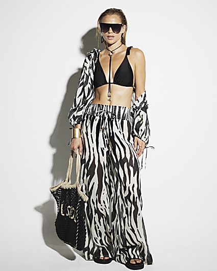 Black zebra print shirred beach trousers