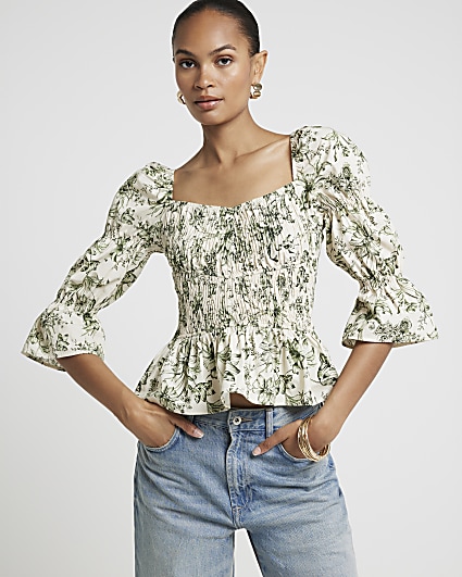 Green floral shirred blouse