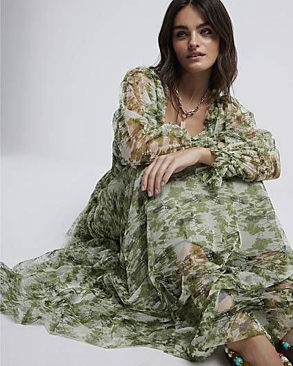 Green Printed Tulle Maxi Dress