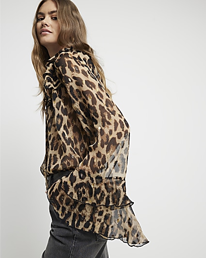 Beige leopard print frill blouse