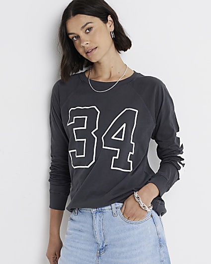 Grey Number Print Raglan Top