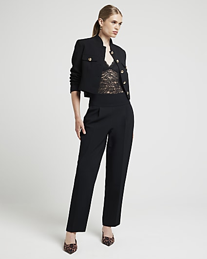 Black high waisted straight leg trousers