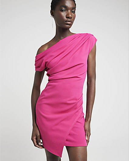 Pink Drape Off Shoulder Bodycon Mini Dress
