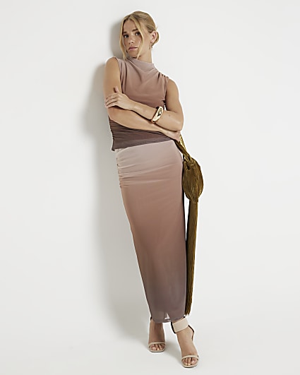 Brown mesh ombre ruched midi skirt