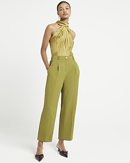 Green Pleated Straight Trousers