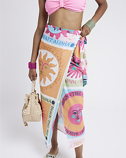 Pink Sun Print Midi Wrap Skirt