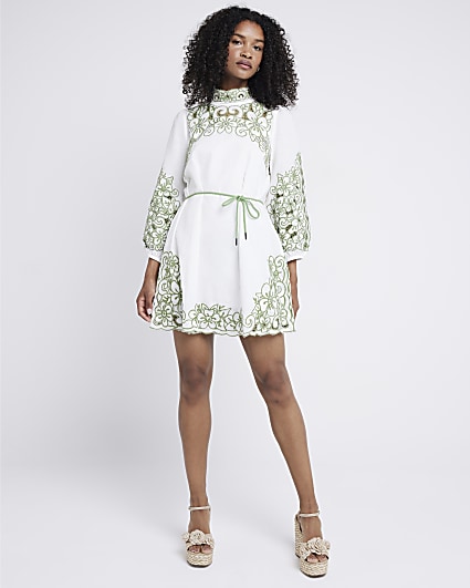 White embroidered belted shift mini dress