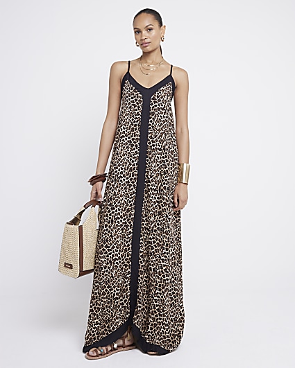 Beige Leopard Print Swing Maxi Dress