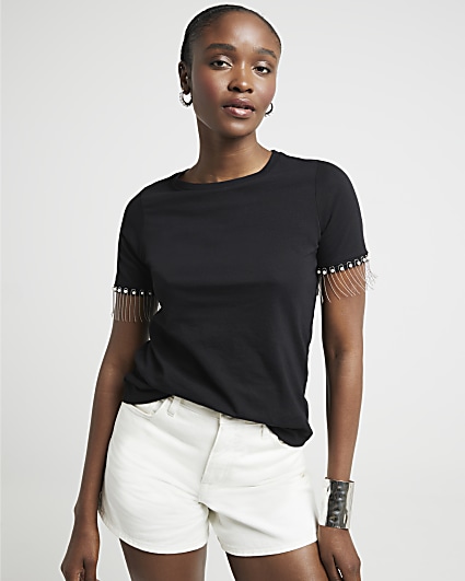 Black embellished sleeve t-shirt