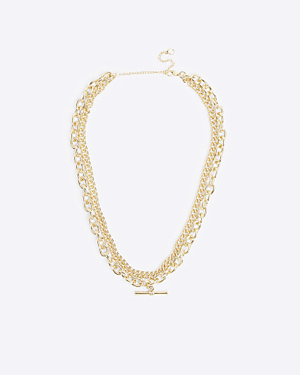 Gold chain t bar multirow necklace