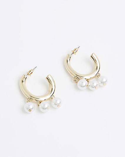 Gold pearl drop hoop earrings